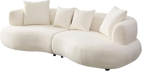 Image of Shie Wood Art Modern Curved Sectional Sofa, 4-Seater Sofa Couch, Living Room Furniture L Sofa for Living Room, Bedroom, Hallways (Off White, Boucle)