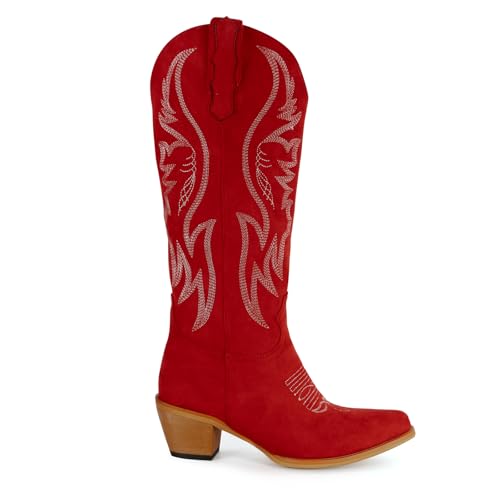 Image of GORBINETI Women Cowboy Boots Mid Calf Cowgirl Western Boots Embroidered Suede Pull On Almond Toe Chunky Heel
