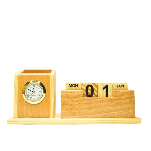 Image of CRAFT CLOSET & GIFTS Wooden Pencil Pen Stand Holder with Rolling Calendar and Mobile Stand Slot - Personalized Office Accessory for IAS, Advocate, Office & Corporate Gifts