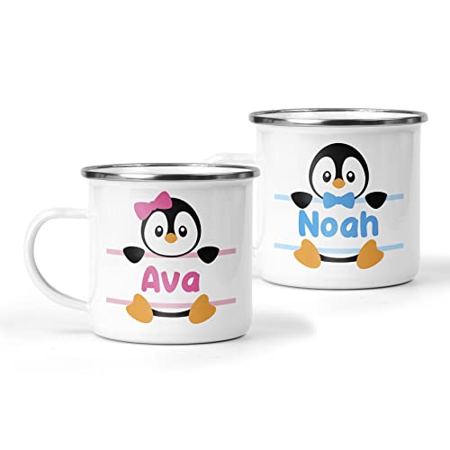 Image of Personalised Christmas Mug with Penguin & Name, Custom Festive Xmas Cup, Hot Chocolate Enamel Mug, Christmas Eve Box Fillers, Gifts for Kids