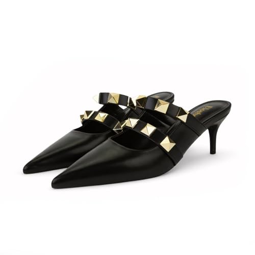 Women’s Leather Slip On Kitten Heel Pumps with Fashion Studded Pointed Closed Toe Dress Heels Mules for Daily Party Wedding