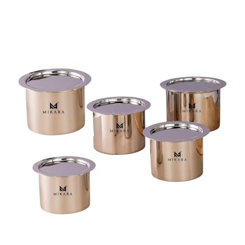 Image of MIKARA Flat Bottom Induction Friendly Stainless Steel Tope Set, Mirror Finish, 5-Piece Combo (325ml, 425ml, 525ml, 650ml & 750ml), Includes 5 Topes with Lids