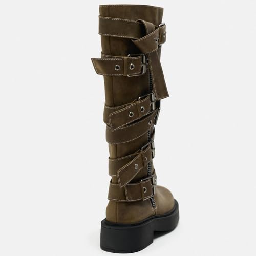 YIYA Women's Motorcycle Knee High Boots Buckle Round Toe Chunky Heel Combat Riding Biker Boots4