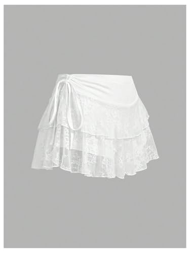 Verdusa Women's Floral Lace Tiered Layered Ruffle Skirt Bow Tie Flowy Mini Skirts3