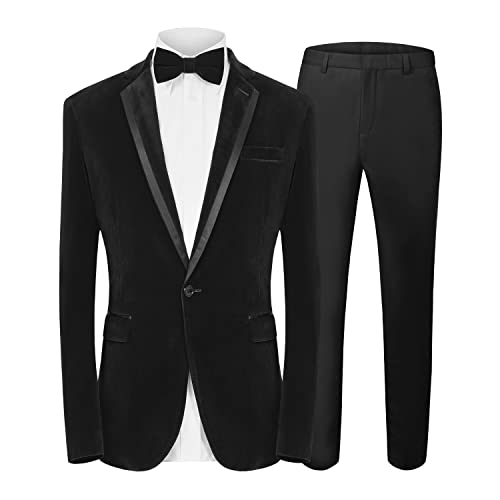 MAGE MALE Men's 2 Piece Velvet Suit Peak Lapel One Button Slim Fit Tuxedo Blazer Party Dinner Jacket & Pants