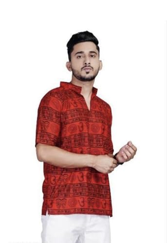 Image of THE MAKKI Trends - Om Printed Kurta for Men & Boys | Cotton Half Sleeve Mahadev Mahakal Kurta T-Shirt for Events, Festivals, and Religious Ceremonies (Regular)