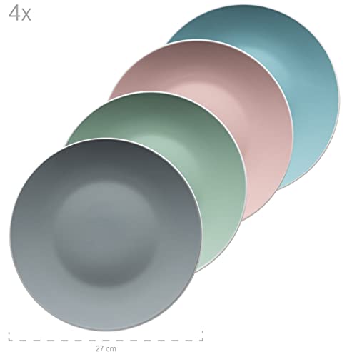 MÄSER 934006 Serie Elissa, Modernes Geschirr Set für 4 Personen in bunten Mattglasuren mit weißem Rand, 16-teiliges Kombiservice, Steinzeug, Bunt, Grau, Türkis, Rosa, Grün
