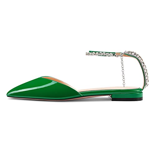 HDEUOLM Women Chunky Block Low Heel Pointed Toe Pumps Ankle Strap Slingback Rhinestone Crystal Wedding Dress Flats Shoes2