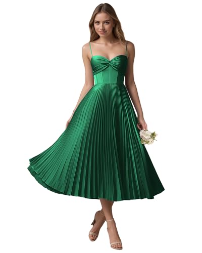 YCHECHE Emerald Green Spaghetti Straps Bridesmaid Dresses for Women Satin Formal Midi Dress for Wedding Sleeveless Tea Length Evening Party Gowns US4