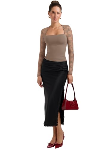 PINKMSTYLE Women Sexy Mesh Sheer Long Sleeve Tops Fitted Double Lined Square Neck Going Out Lace Shirts Latte Medium - image 6