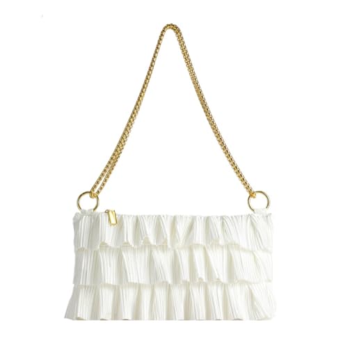 Women Crossbody Bag Fringe Ruffled Layered Pleated Chain Strap Casual Daily Shoulder Purse White Lightweight Multi-Pocket Design for Travel Shopping Party