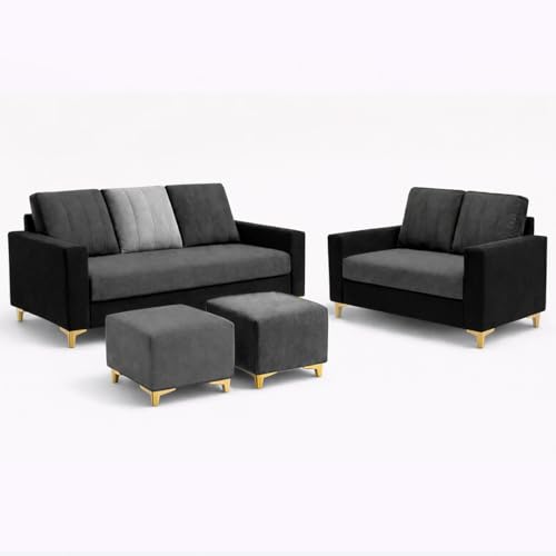 Image of Hendrick Plush Velvet 3 Seater + 2 Seater Sofa Set with 2 Ottoman | Silken Velvet Upholstery | Golden Legs | Designer Set for Living Room & Office Spaces (Black, Dark Grey & Light Grey)