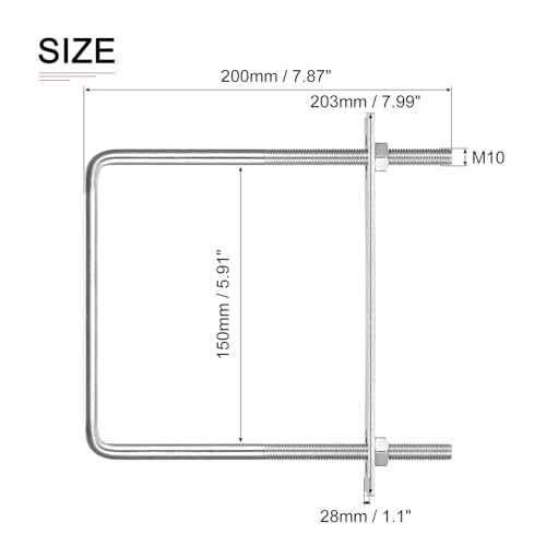 Image of DTGN M10x150x200mm(ThreadxWxL) Square U Bolt - 2Pack - Good for Trailer Pipe Replacement Parts - 304 Stainless Steel U Shape Bolts