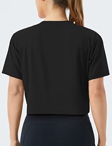 The Gym People Women's Workout Crop Top T-Shirt Short Sleeve Boxy Yoga Running Cropped Basic Tee Black #TOP3