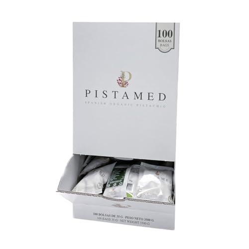 PISTAMED - Pistachos ecológicos - Sin Sal - Tostado Artesanal - Sin Aditivos y Sin Gluten - Alto en Contenido en Fibra - Dietas Vegetarianas y Veganas - Caja: 3,35 kg, Paquete de 100 bolsas de 35 gr