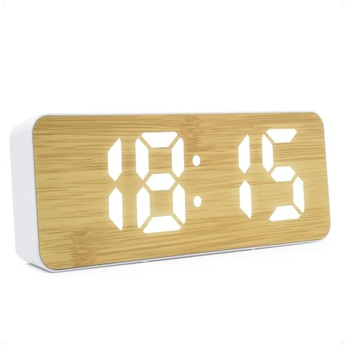 Relógio Despertador Digital de Mesa com Display LED 12/24h – Alarme, Calendário e Design Moderno em Bambu Branco para Quarto, Escritório ou Setup (Branco)