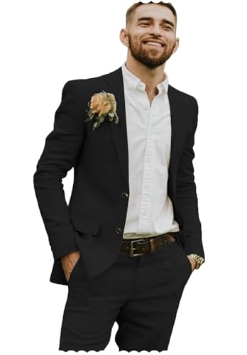 Men's Slim Fit Linen 2 Piece Suit Casual Lightweight Summer Beach Blazer Pants Set