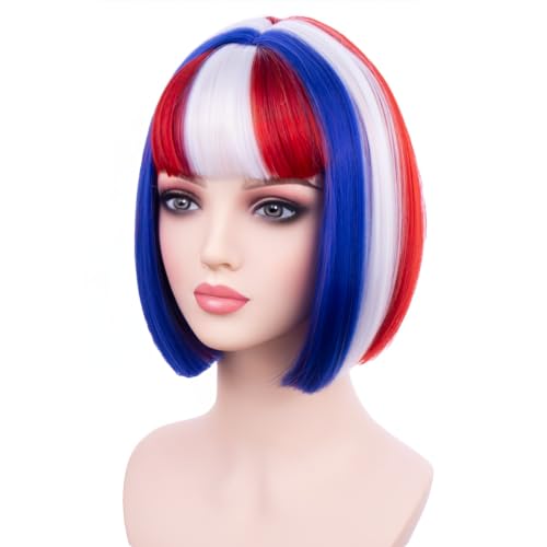 Image of PATTNIUM Blue Red White Wig with Bangs for Women Girls 4th of July Short Bob Wigs Fourth of July Party Heat Resistant Synthetic Wig(Small Net)