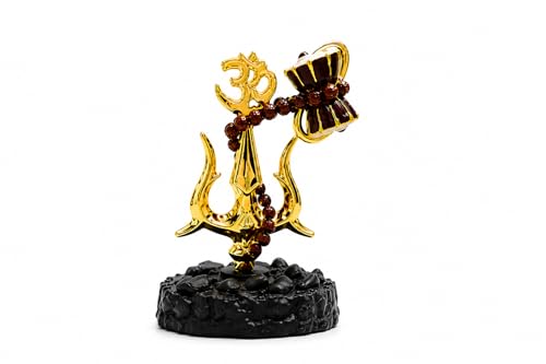 Image of Trishul Damroo Idol with Original Rudraksha Beads | Lord Shiva Symbol Murti for Car Dashboard, Home Decor & Office Table | Spiritual Gift for Pooja, Housewarming & Festive Use