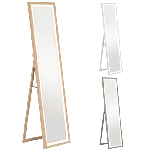 HOMCOM Espejo de Cuerpo Entero con Luz LED 160x40 cm Espejo de Pie Espejo de Pared con Iluminación de 3 Colores Táctil Inteligente Función de Memoria y Soporte para Salón Dormitorio Roble