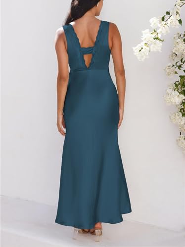 Image of BAGONE Summer Satin Lace V Neck Backless Formal Wedding Guest Maxi Dresses | Silk,Open Back,Sleeveless,Elegant,Cocktail,Bridesmaid,Baby Shower,Party,Prom,Birthday,Vacation,Summer Dresses for Women 2026