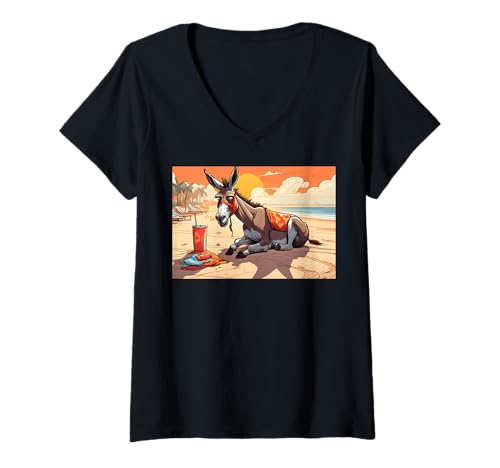 Image of Womens Donkey Sunbathing On Beach For Children OA 20240528 V-Neck T-Shirt