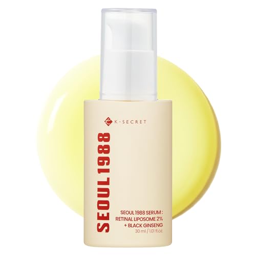 KSECRET SEOUL 1988 Sérum : liposome rétinal 2% + ginseng noir, 30 ml/1,01 fl.oz | 58% d&rsquo;extrait de ginseng noir | Sérum rétinal, bakuchiol, vitamine C & 3 peptides pour soin des rides | Coréen