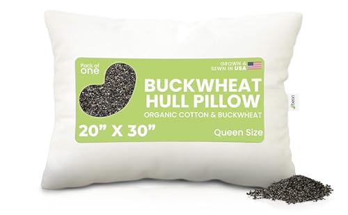 Bean Products Queen Bed Pillow for Sleeping – Organic Buckwheat Fill with Organic Cotton Fabric, Soft Head Pillow – Eco-Friendly, Breathable, and Durable Sleep Aid, Made in The USA, 20" x 30"