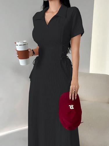 Image of Shasmi Women's Solid Color Applique Lace-Up Collared Short Sleeve, Side-Tie Waist Long Casual Maxi Women Dress Outfit Long Evening Midi Western Party Dress for Women (Dress 211)