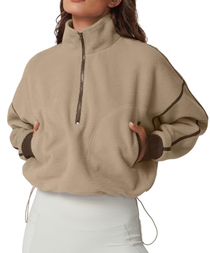 QINSEN Women's Half Zip Pullover Sweatshirt Mock Neck Winter Warm Crop Outwear Baggy Sherpa Short Coat Khaki M