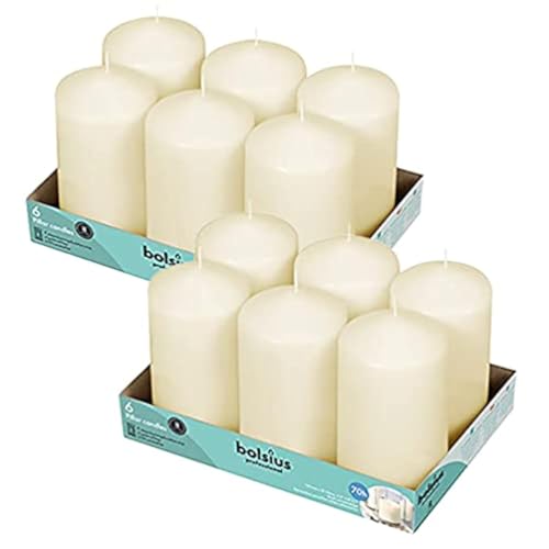 BOLSIUS 12 Ivory Pillar Candles Bulk - 3x6 Inches Candle Set - 70+ Hours Clean Burning - No Palm Oil - 0% Animal Fat - Premium European Quality - Unscented Dripless Party Pillars