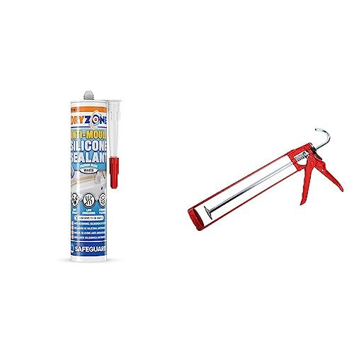 Dryzone Anti-Mould Silicone Sealant (310 ml White) Premium Sanitary-Grade Low-Odour, Low VOC Sealant for Bathroom and Kitchen & ProDec MG11ES Extra Strong Skeleton Caulking Gun