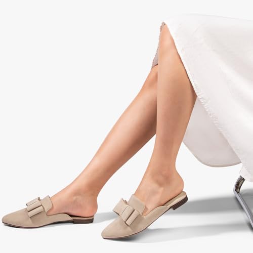 Image of MUSSHOE Mules for Women with Bow Knot: Pointed Toe Flats - Cloud-Cushion Suede Backless Loafers for Office & Casual Wear - Wide-Fit Friendly Slip On Slides with Memory Foam