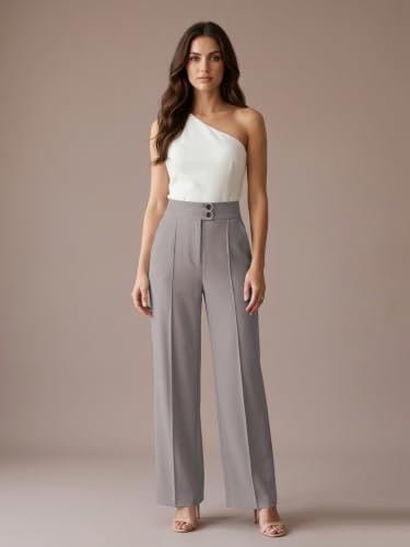 Image of GRECIILOOKS Korean Style Trousers | High Waist Wide Leg Formal Pants | Ankle Length Stretchable Office Wear | Button Closure Straight Fit | Regular Fit Pants for Women