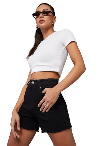 Image of Dolce Crudo Women's Relaxed Fit Mid-Rise Denim Shorts with Adjustable Waist & Frayed Hem