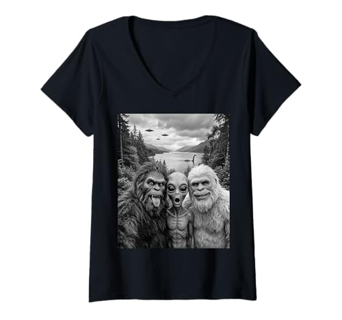 Women's Bigfoot Alien Loch Ness Monster UFO Selfie Funny Cryptid Art V-Neck T-Shirt