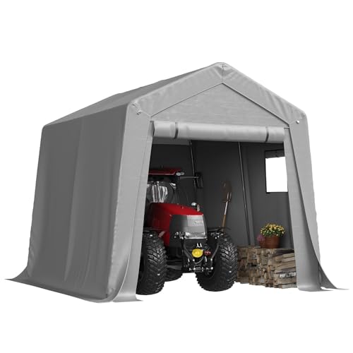 Aoxun 10x10 FT Outdoor Portable Storage Shed Tent with Roll-up Zipper Door and Window Portable Carport with Waterproof Tarp Galvanized Steel for Motorcycle Generator Bike Storage (Gray)