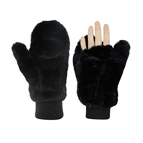 RARITYUS Women Girls Gloves Warm Soft Cute Cat Plush Convertible Flip Top Winter Fingerless Thick Mittens for Teen