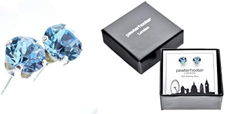 pewterhooter® Women's London Collection Crystal Stud Earrings  925 Sterling Silver with sparkling Aquamarine Blue crystal - Gift Box