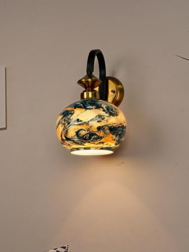 Image of HL Home Lighting Blue Marble Glass Globe & Black Gold Steel Single Wall Light Decorative Lighting for Living Room Wall Ceiling Lamp Balcony Decor