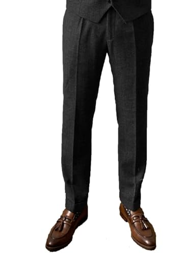 JinXuanYa Men Dress Pants Flat Front Tweed Wool Regular Fit Dress Pants Herringbone Trousers Waist Inseam2