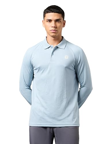 Image of TECHNOSPORT Mens Slim Fit Self-Design Full Sleeve Polo T-Shirt with Double Cool, SPF50+ Proerties for Gym, Workout and Regular Use