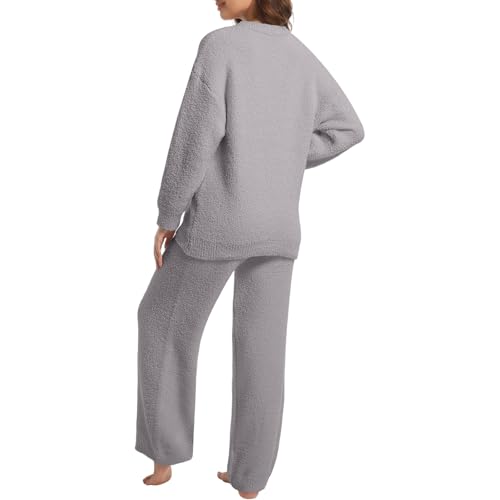 Image of BOSECETA 2 Piece Fleece Pajamas for Women Set Loungewear Outfits Knit Sweater Womens Long Sleeve Fuzzy Pajama Sets
