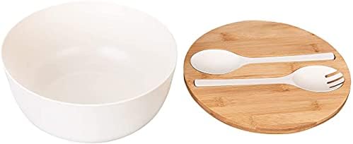 XUEJUN Salad Bowl with Servers Set - Large 9.8 inches Mixing Bowls Solid Bamboo Salad Wooden Bowl with Bamboo Lid Spoon for Fruits,Salads and Decoration (White, 9.8INCH)