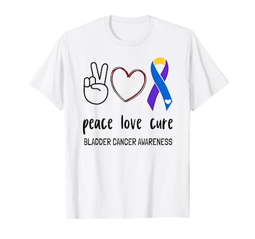 Peace Love Cure Blue Yellow Purple Bladder Cancer Awareness T-Shirt