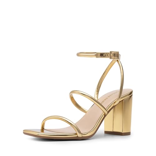 DREAM PAIRS Women Heels Chunky Square Open Toe Strappy Ankle Strap Block High Heeled Sandals for Dressy Wedding Comfortable Shoes,Size 8.5,Gold