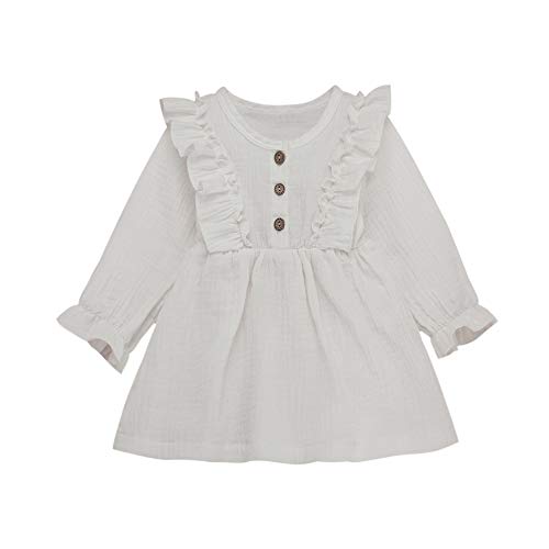 BABiyQvQ Toddler Baby Girl Ruffle Dress Infant Cotton Long Sleeve Fall Winter A Line Dress with Button (4-5 Years, White)