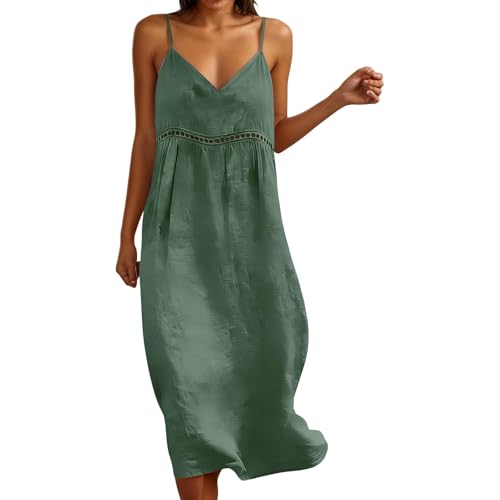 Vestido de ocio para mujer, tirantes, cuello en V, encaje, vestido midi ligero, transpirable, de algodón, vestido de lino, para playa, vacaciones, vestido de noche, diario, elegante, cómodo, monocolor