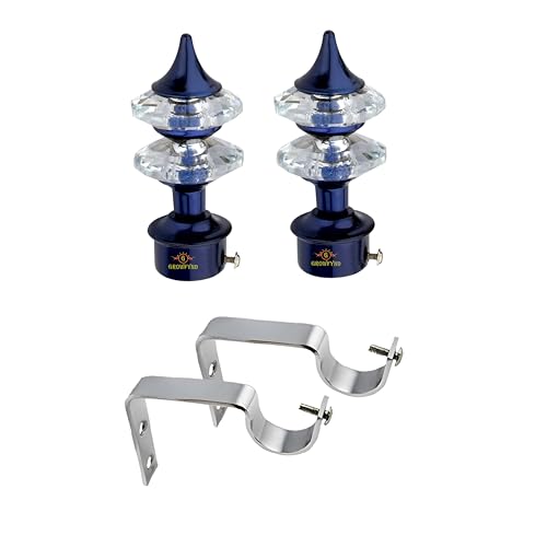 Image of Aluminium Single & Double Diamond Curtain Brackets Parda Holders with SS Support Fittings 1 Inch Rod Pocket Finials Designer Door and Window (Pack of 1 Pair, Blue)