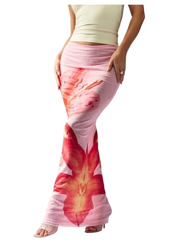 Milumia Women's Floral Fishtail Mesh Maxi Skirt Elegant Low Waist Bodycon Long Skirts